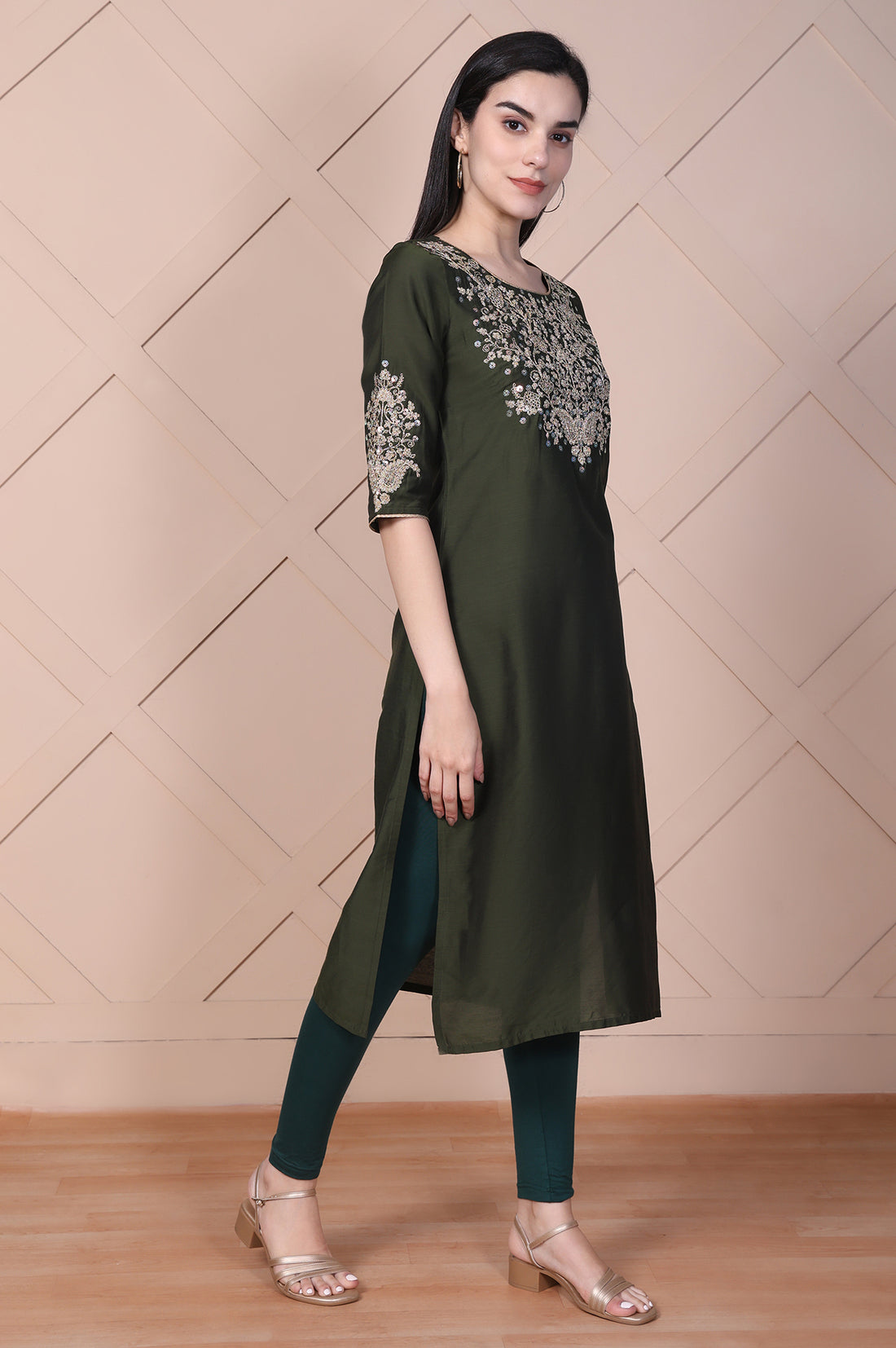 Olive Green Embroidered Straight Rayon Kurta