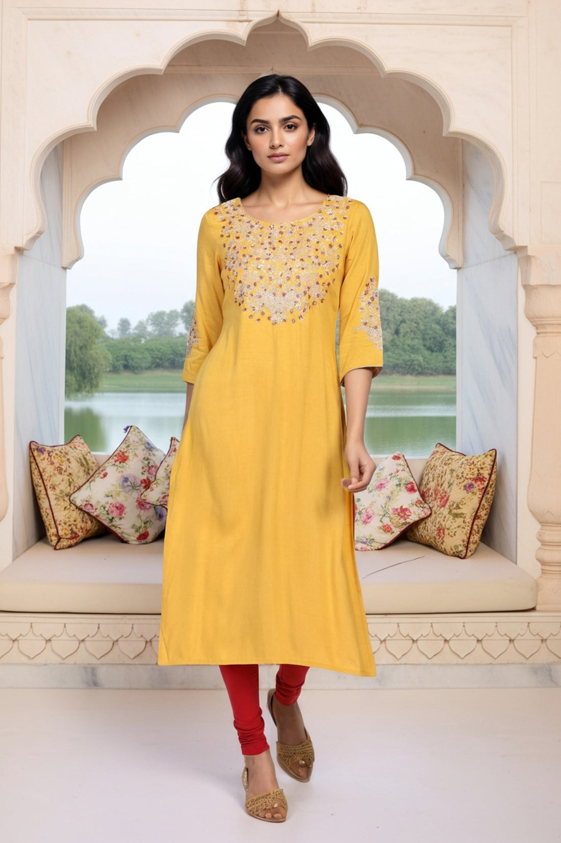 Mustard Solid Sequined Straight Woven Kurta