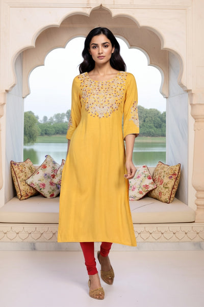 Mustard Solid Sequined Straight Woven Kurta