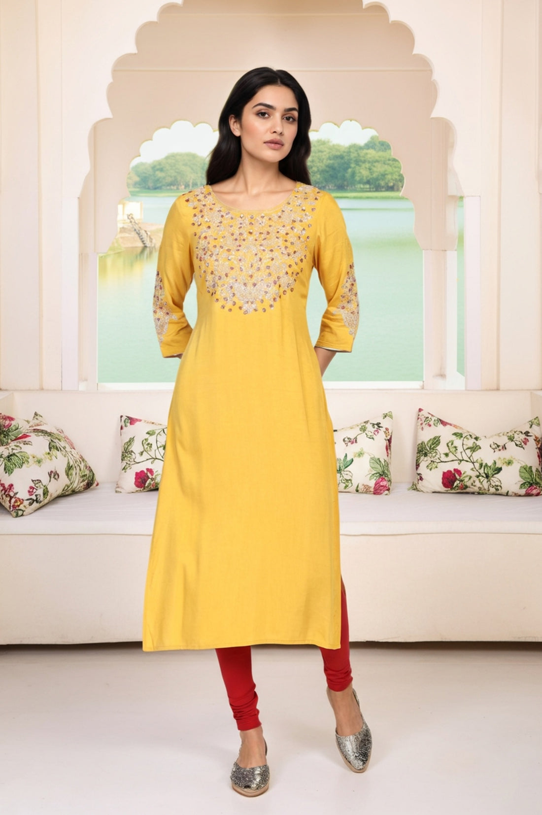 Mustard Solid Sequined Straight Woven Kurta