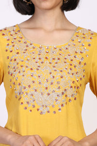 Mustard Solid Sequined Straight Woven Kurta