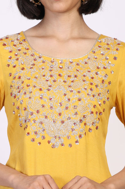 Mustard Solid Sequined Straight Woven Kurta