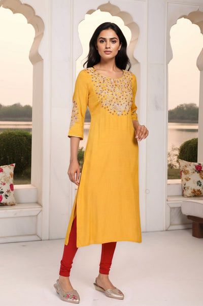 Mustard Solid Sequined Straight Woven Kurta