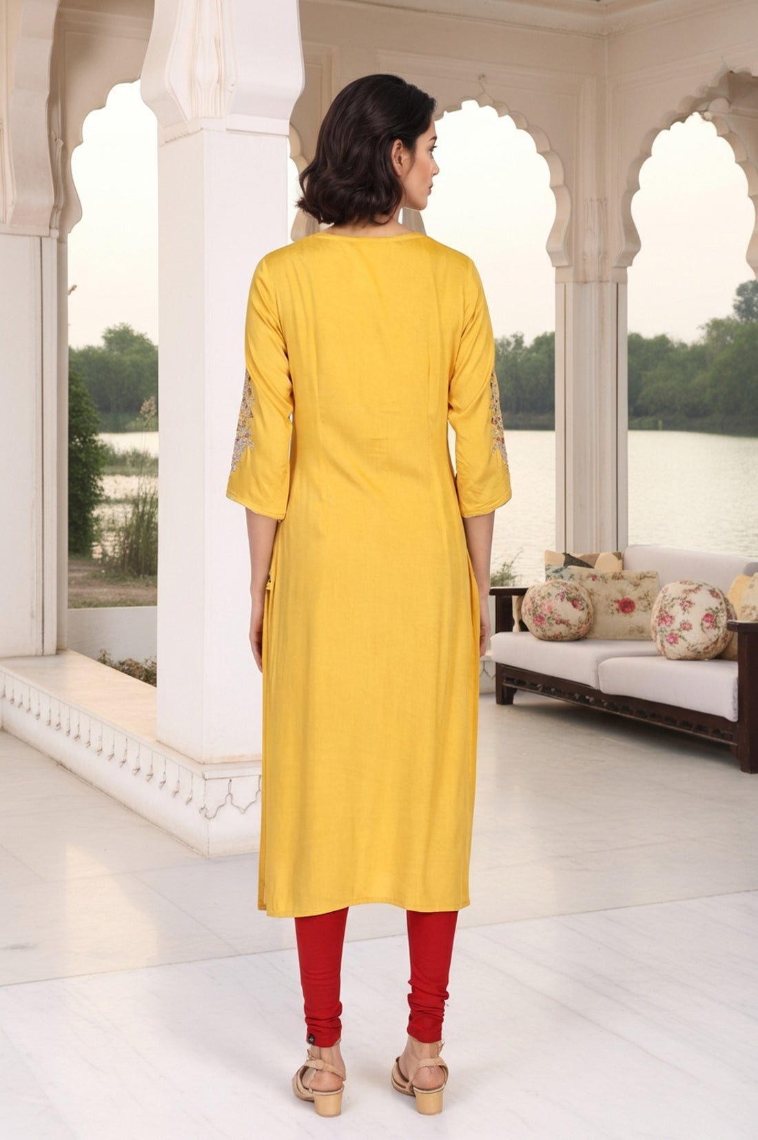 Mustard Solid Sequined Straight Woven Kurta
