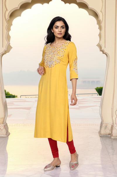 Mustard Solid Sequined Straight Woven Kurta