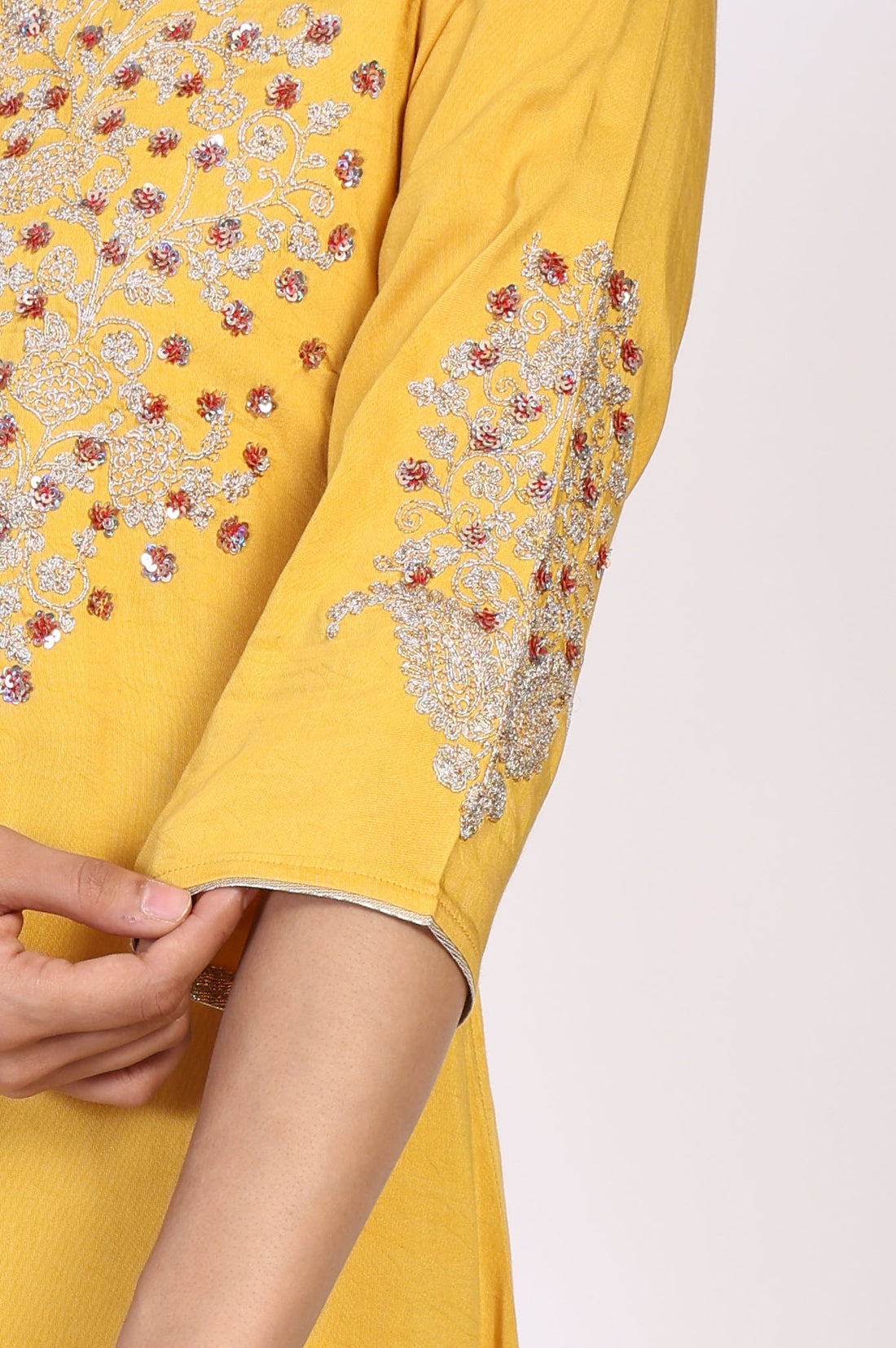 Mustard Solid Sequined Straight Woven Kurta