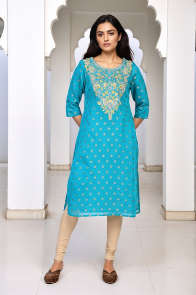 Teal Geometric Print Sequined Straight Kurta