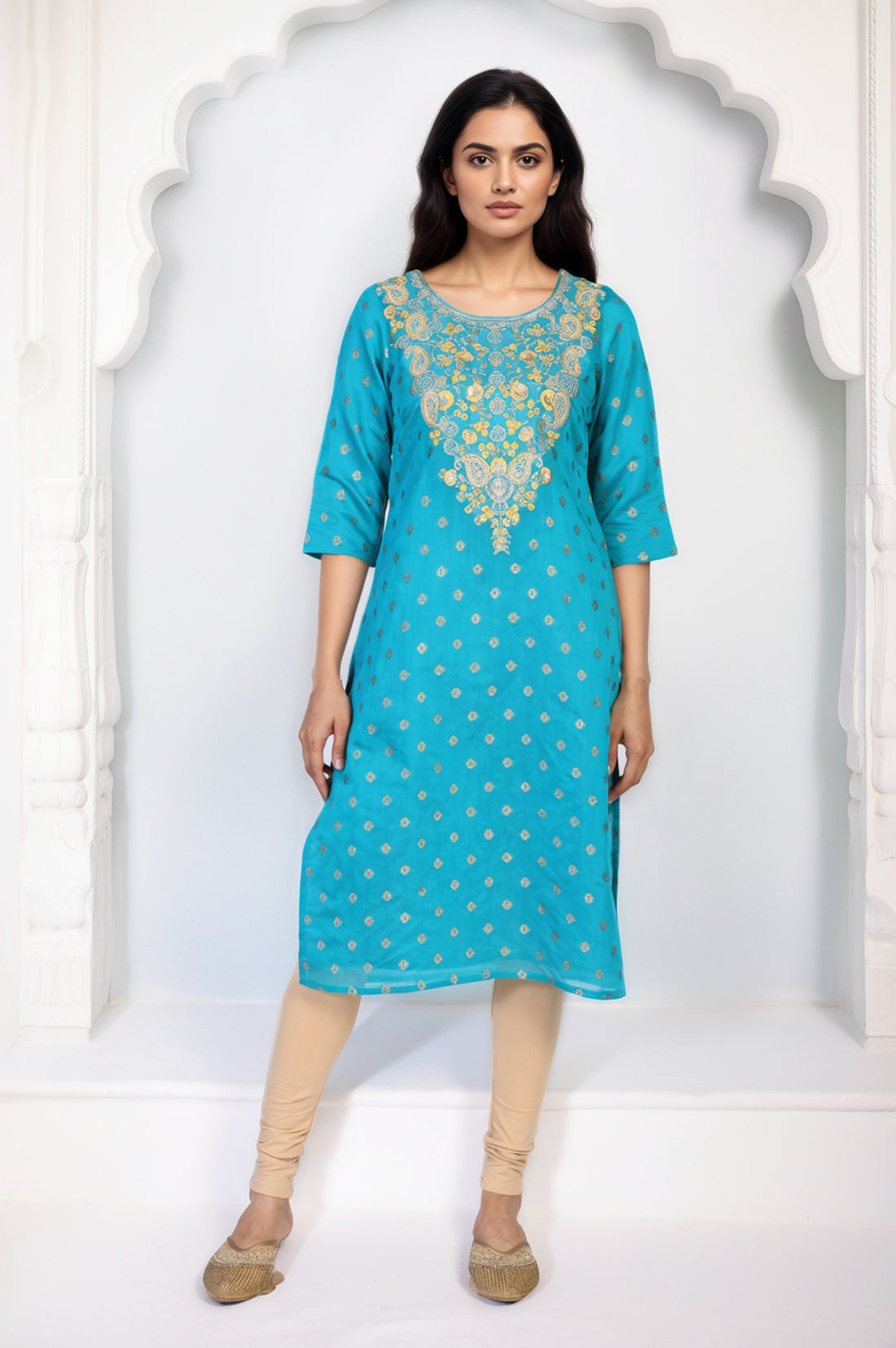 Teal Geometric Print Sequined Straight Kurta