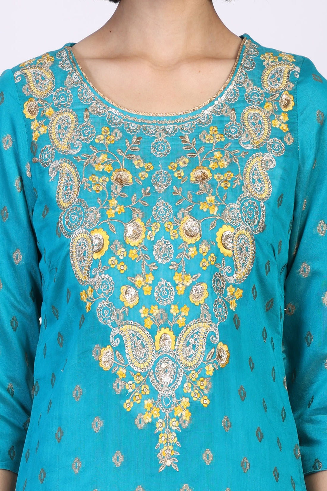 Teal Geometric Print Sequined Straight Kurta