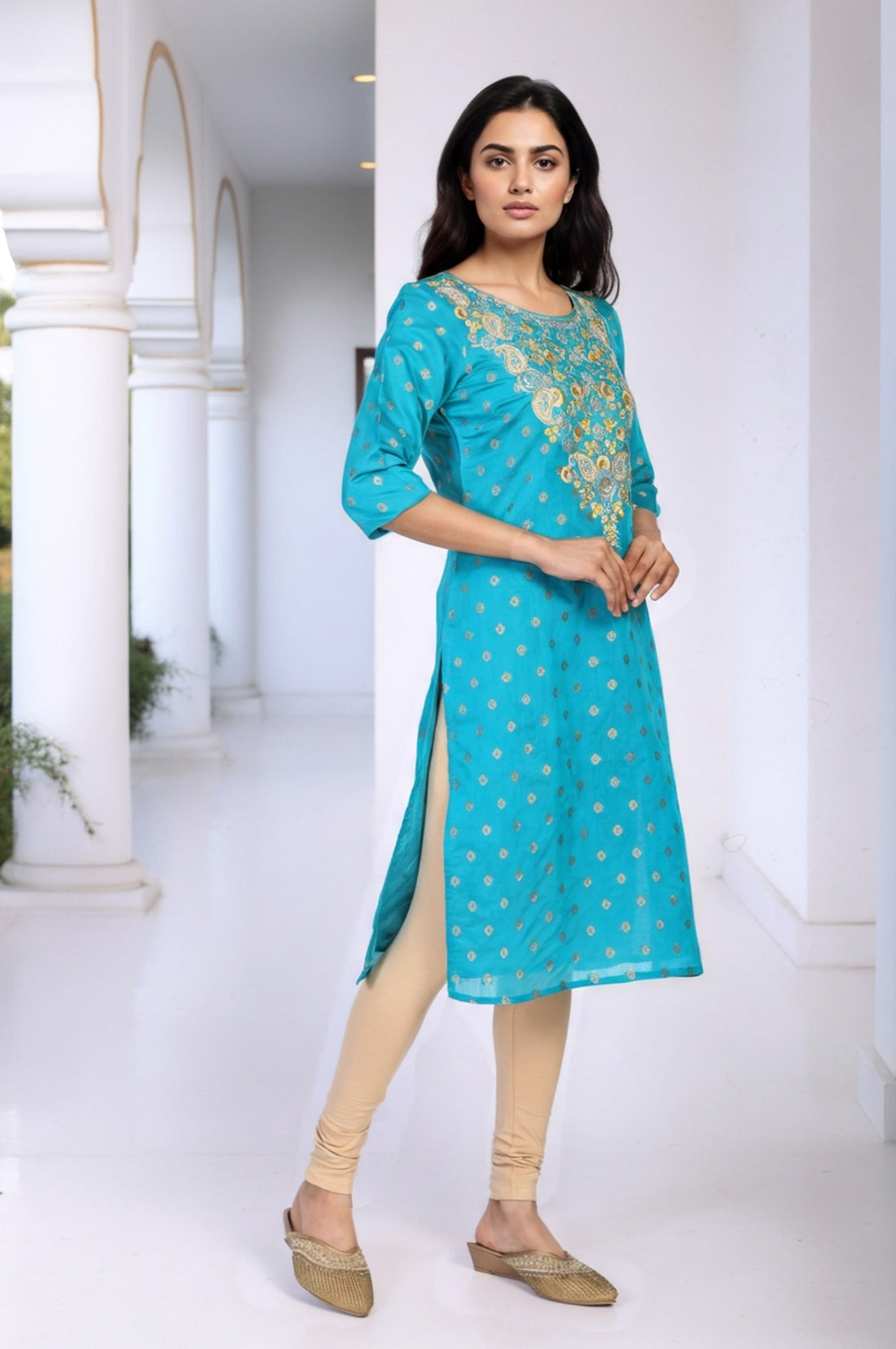Teal Geometric Print Sequined Straight Kurta