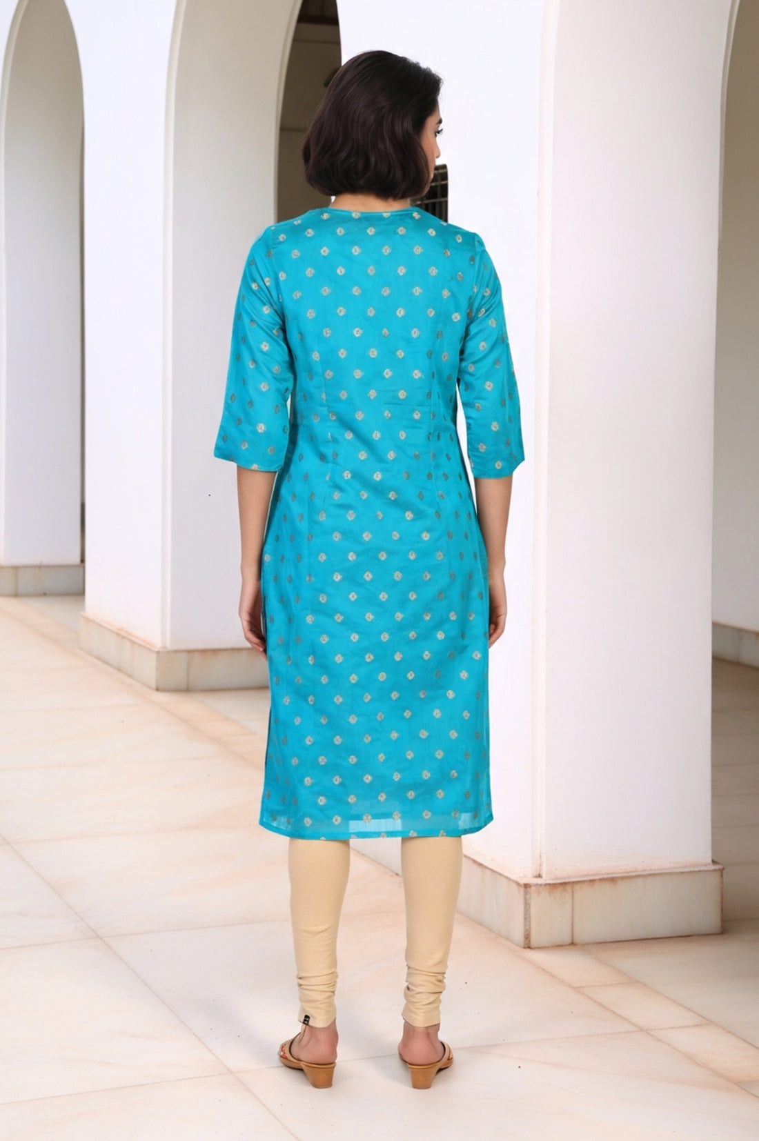 Teal Geometric Print Sequined Straight Kurta