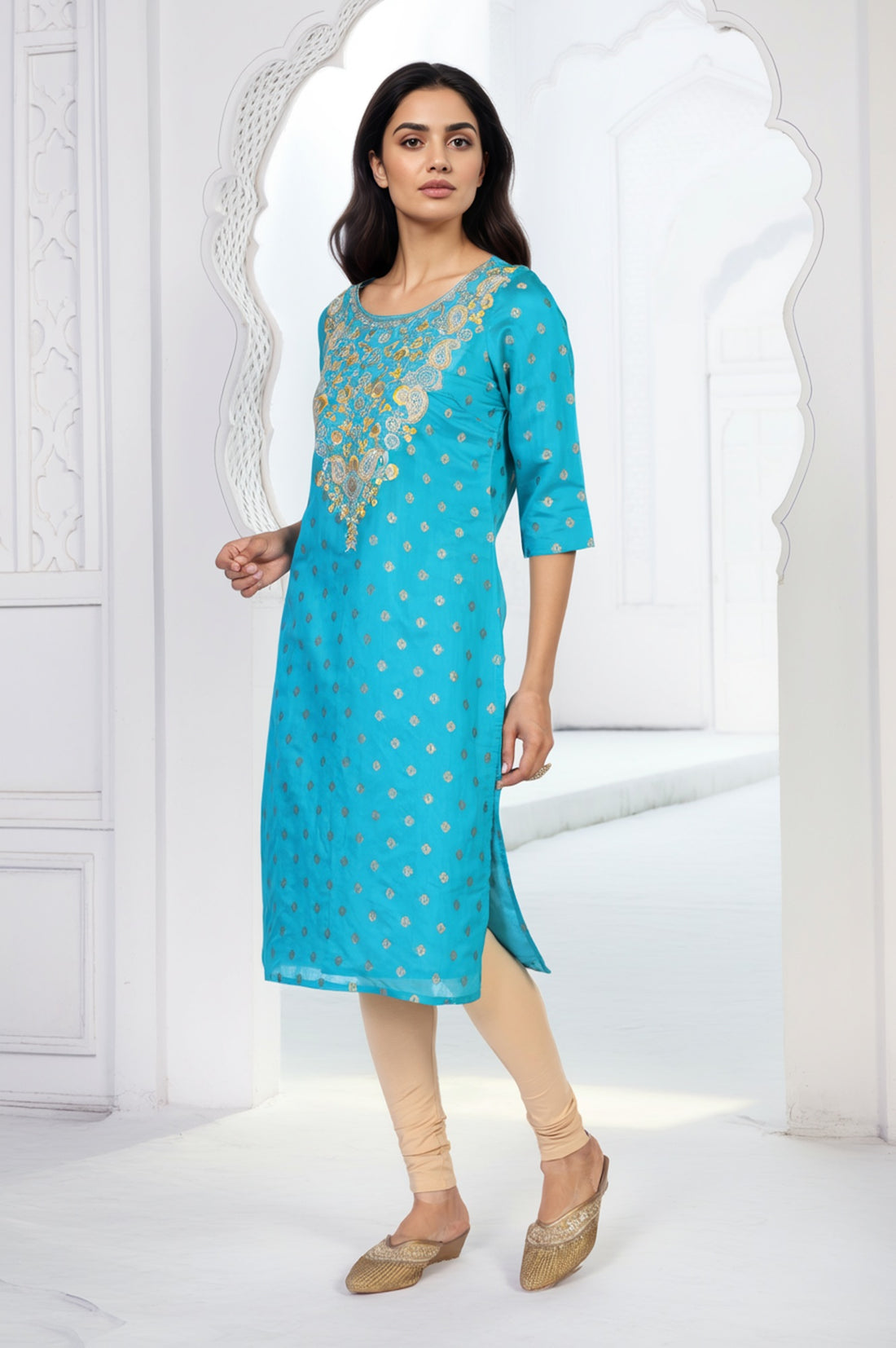 Teal Geometric Print Sequined Straight Kurta