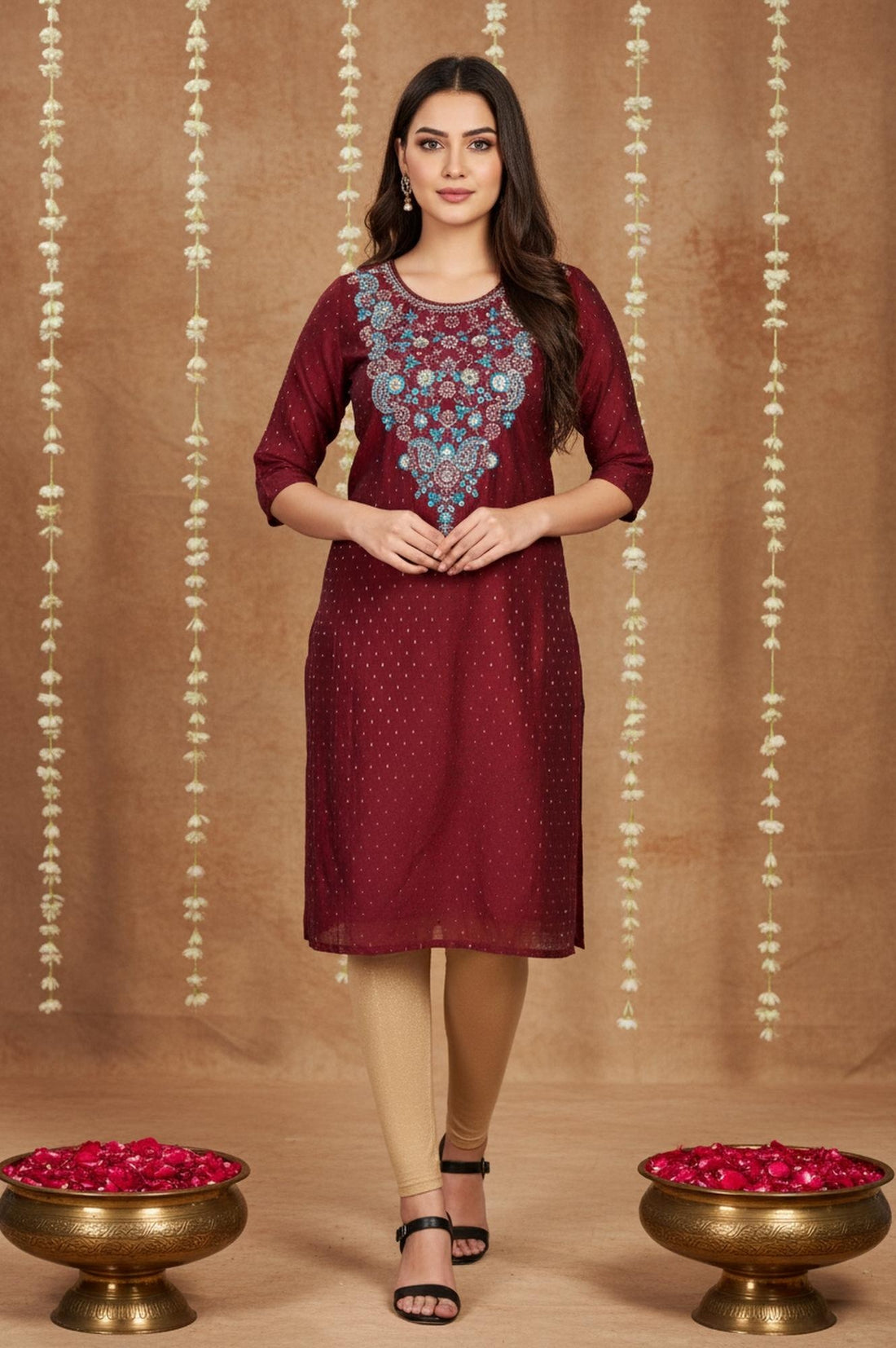 Maroon Geometric Sequined Straight Chanderi Kurta