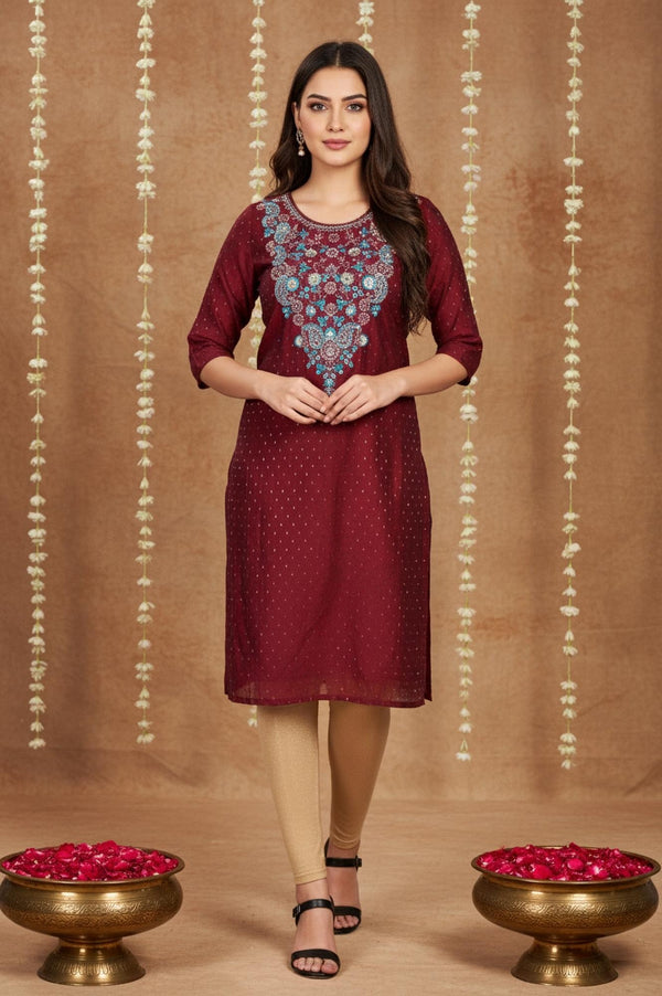 Maroon Geometric Sequined Straight Chanderi Kurta