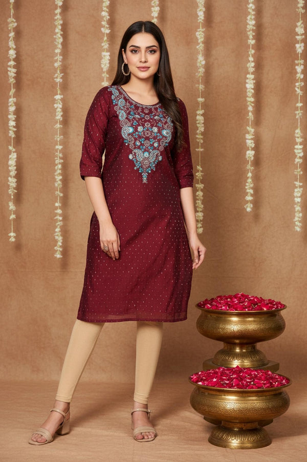 Maroon Geometric Sequined Straight Chanderi Kurta