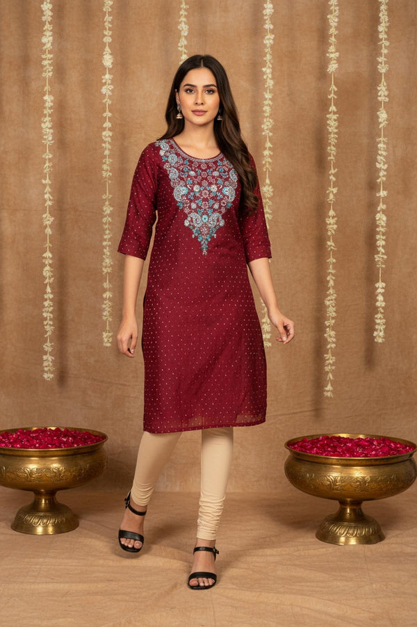 Maroon Geometric Sequined Straight Chanderi Kurta