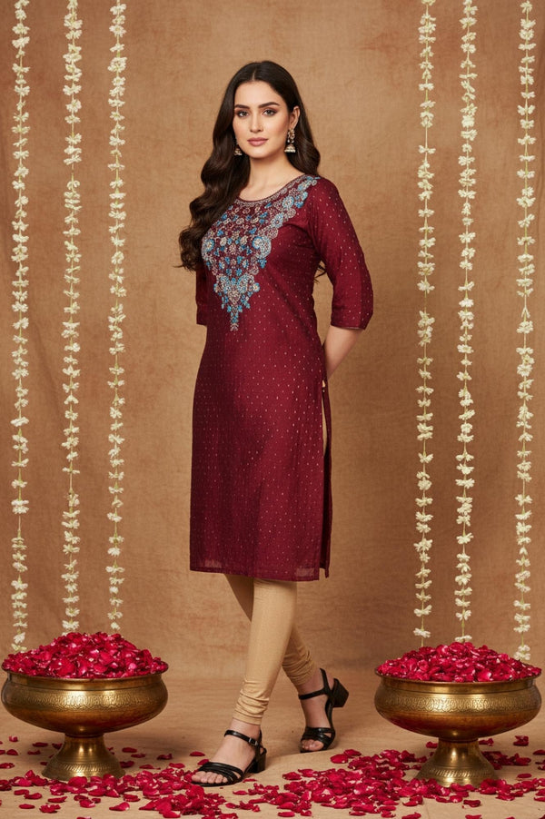 Maroon Geometric Sequined Straight Chanderi Kurta