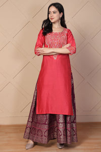 Red Embroidered Straight Silk Kurta