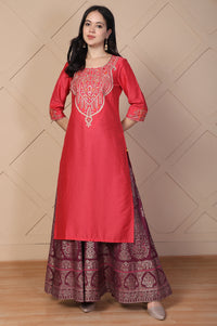Red Embroidered Straight Silk Kurta