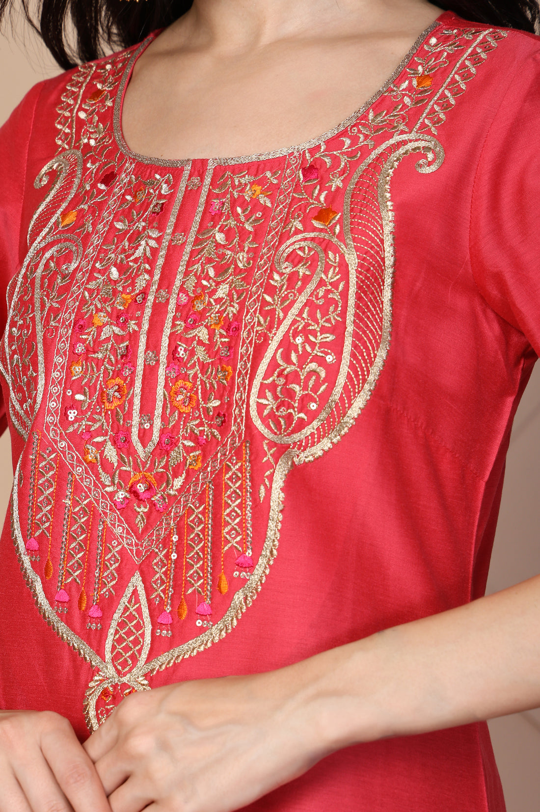 Red Embroidered Straight Silk Kurta