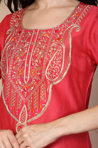 Red Embroidered Straight Silk Kurta
