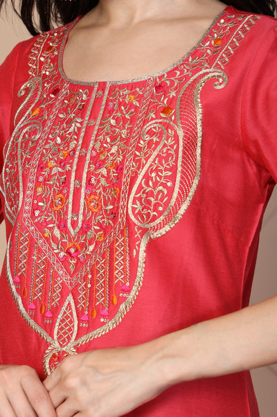 Red Embroidered Straight Silk Kurta