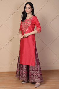Red Embroidered Straight Silk Kurta