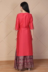 Red Embroidered Straight Silk Kurta