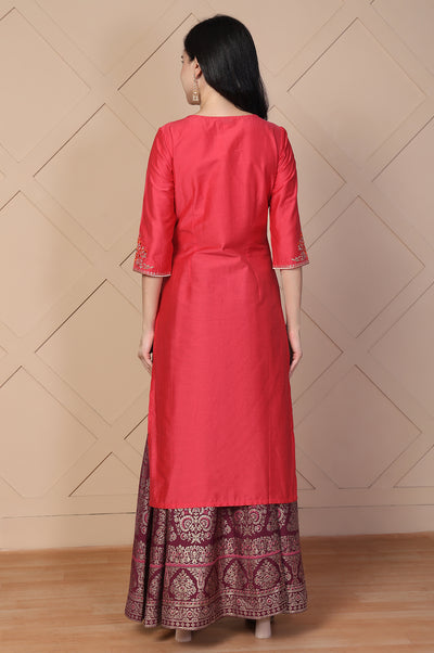 Red Embroidered Straight Silk Kurta
