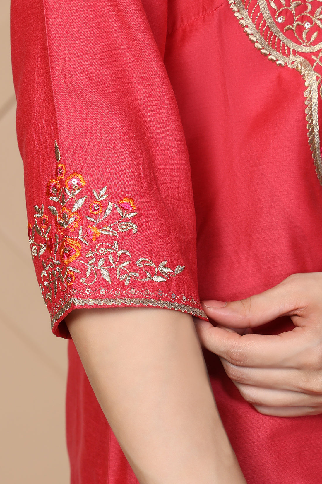 Red Embroidered Straight Silk Kurta