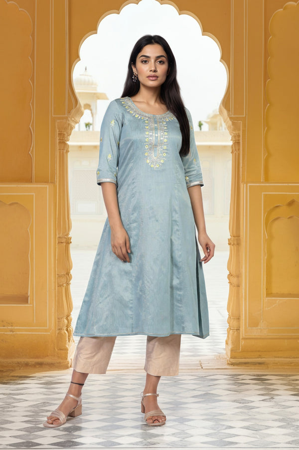 Blue Embroidered A-Line Viscose Kurta