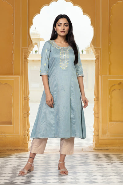 Blue Embroidered A-Line Viscose Kurta