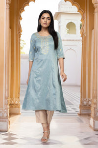 Blue Embroidered A-Line Viscose Kurta
