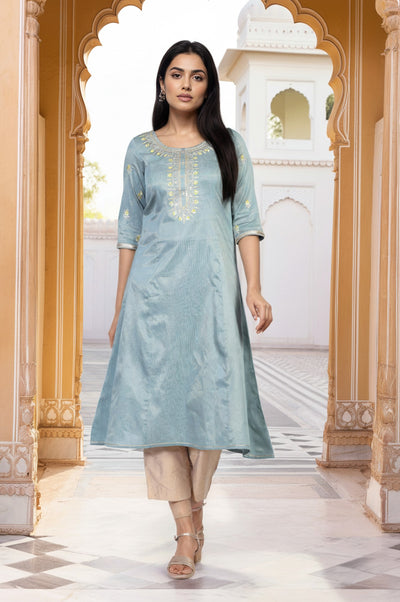 Blue Embroidered A-Line Viscose Kurta