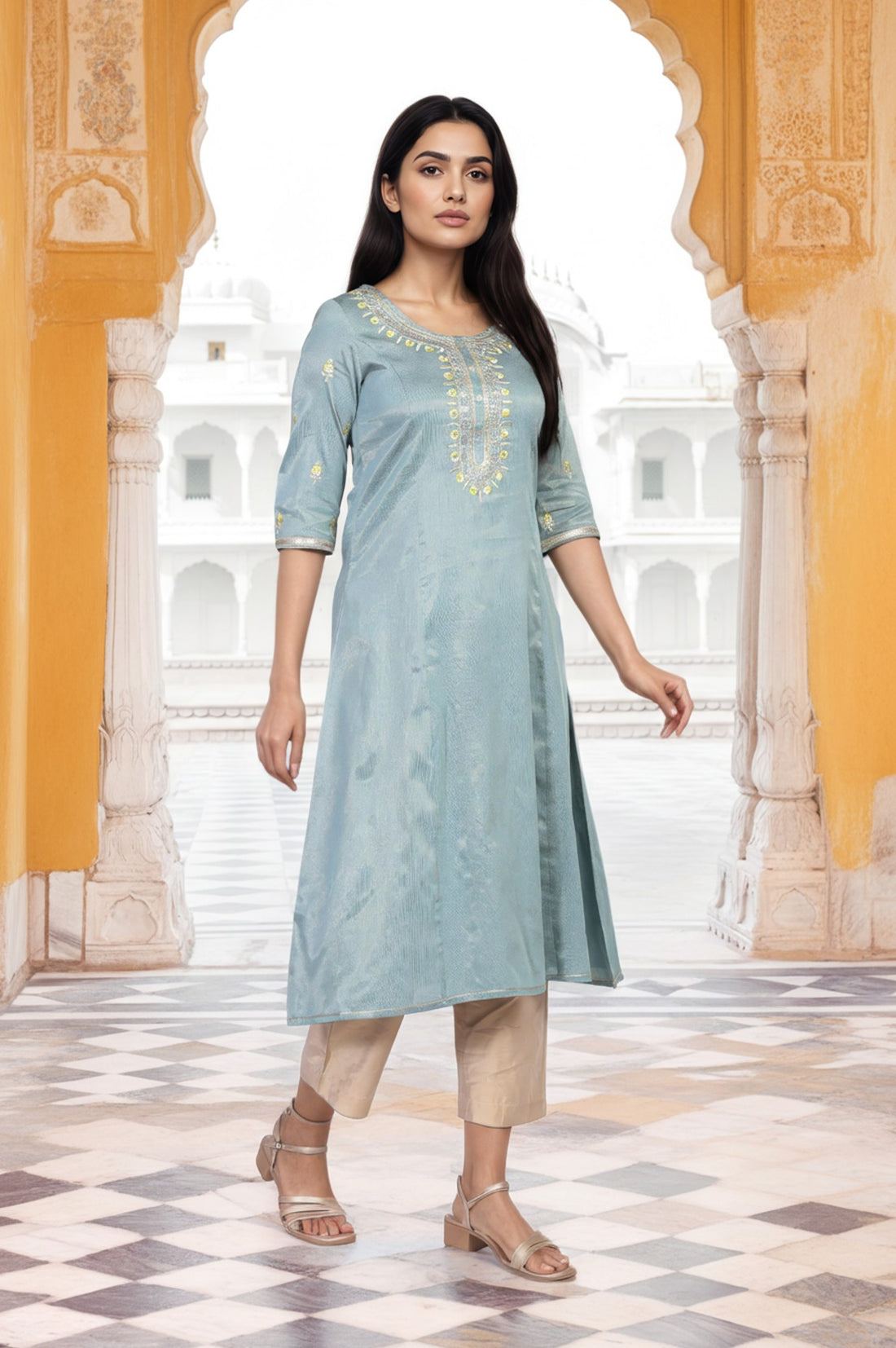 Blue Embroidered A-Line Viscose Kurta