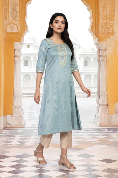 Blue Embroidered A-Line Viscose Kurta