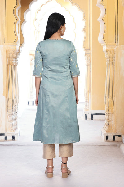 Blue Embroidered A-Line Viscose Kurta
