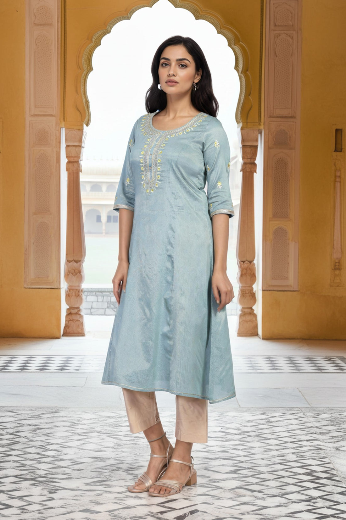 Blue Embroidered A-Line Viscose Kurta
