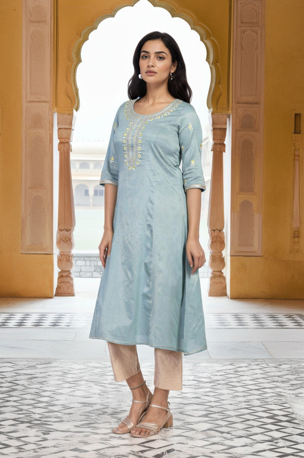 Blue Embroidered A-Line Viscose Kurta