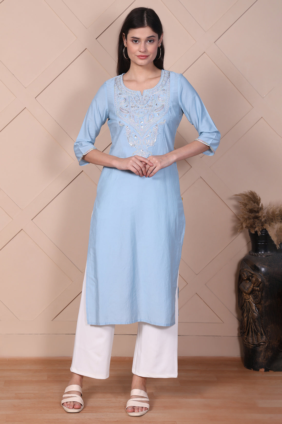 Light Blue Embroidered Straight Kurta