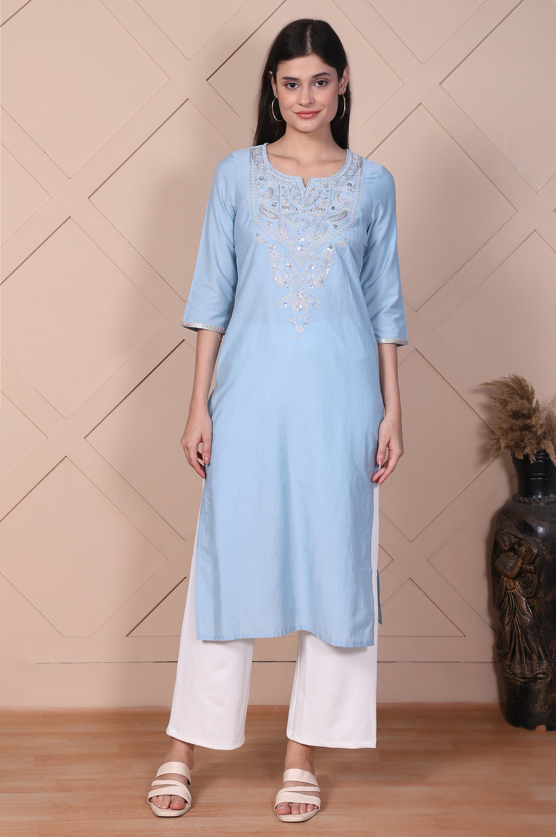 Light Blue Embroidered Straight Kurta