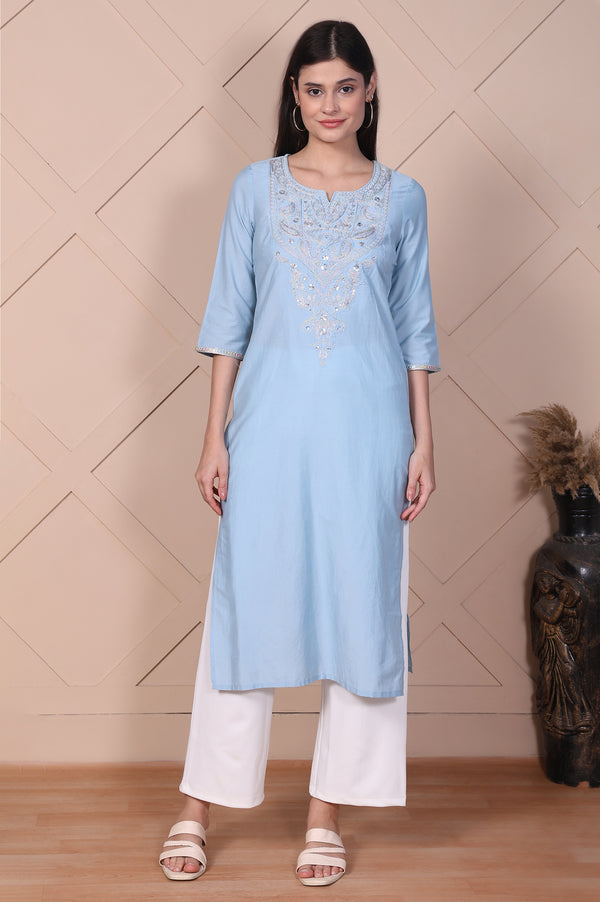 Light Blue Embroidered Straight Kurta