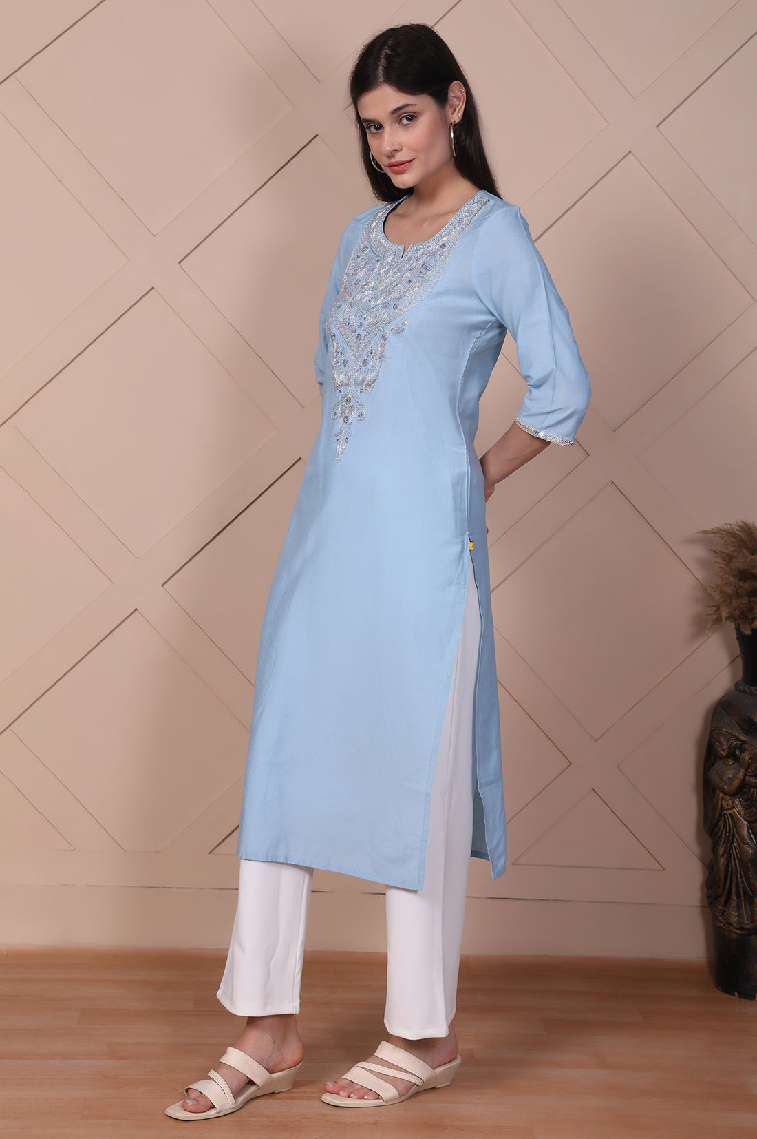 Light Blue Embroidered Straight Kurta