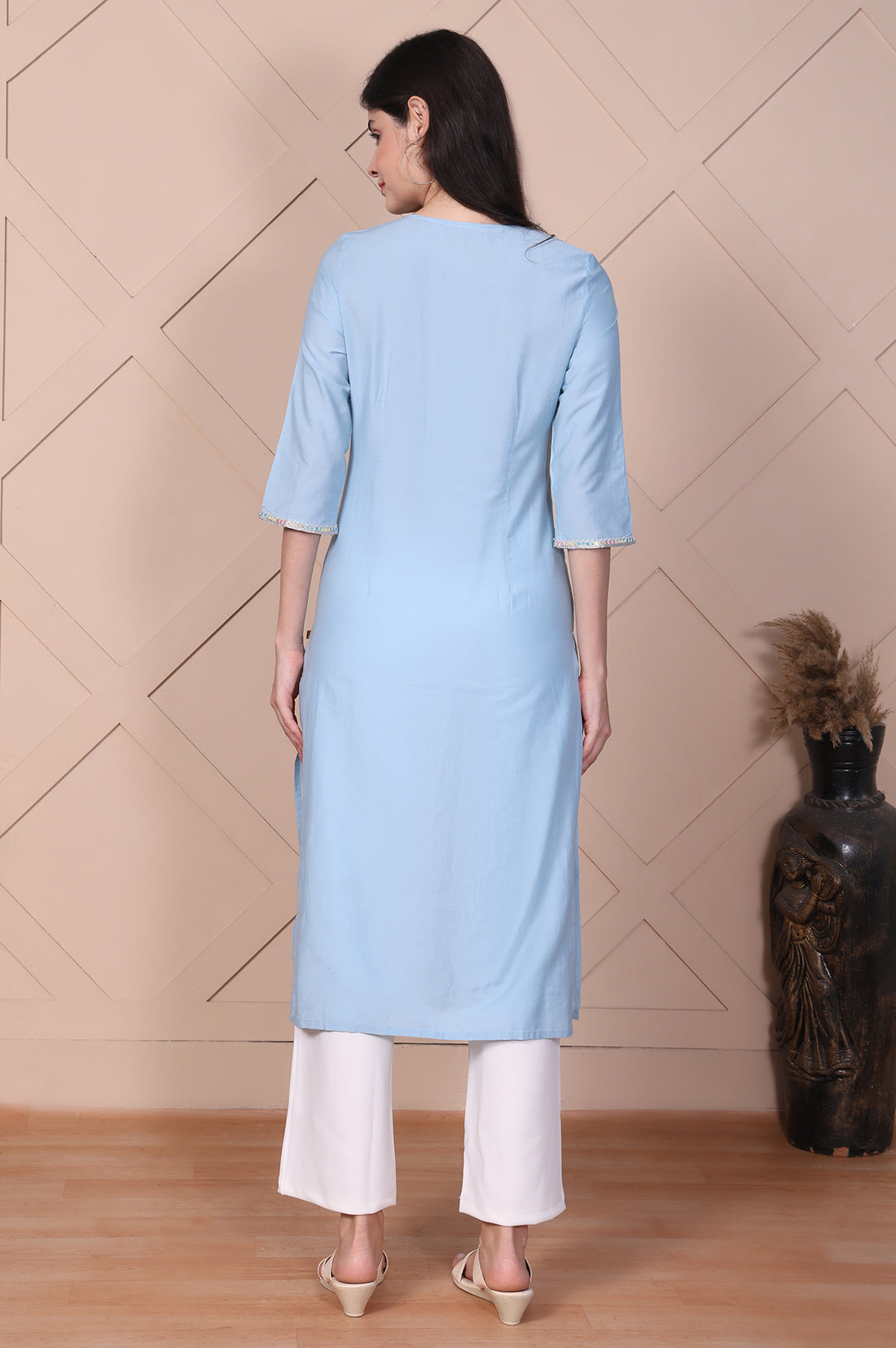 Light Blue Embroidered Straight Kurta