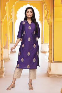 Purple Embroidered Floral Straight Rayon Kurta