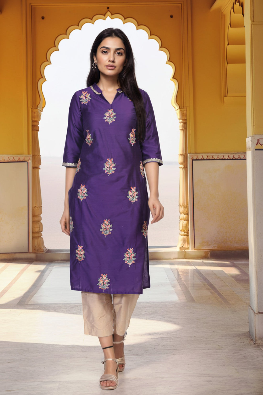 Purple Embroidered Floral Straight Rayon Kurta