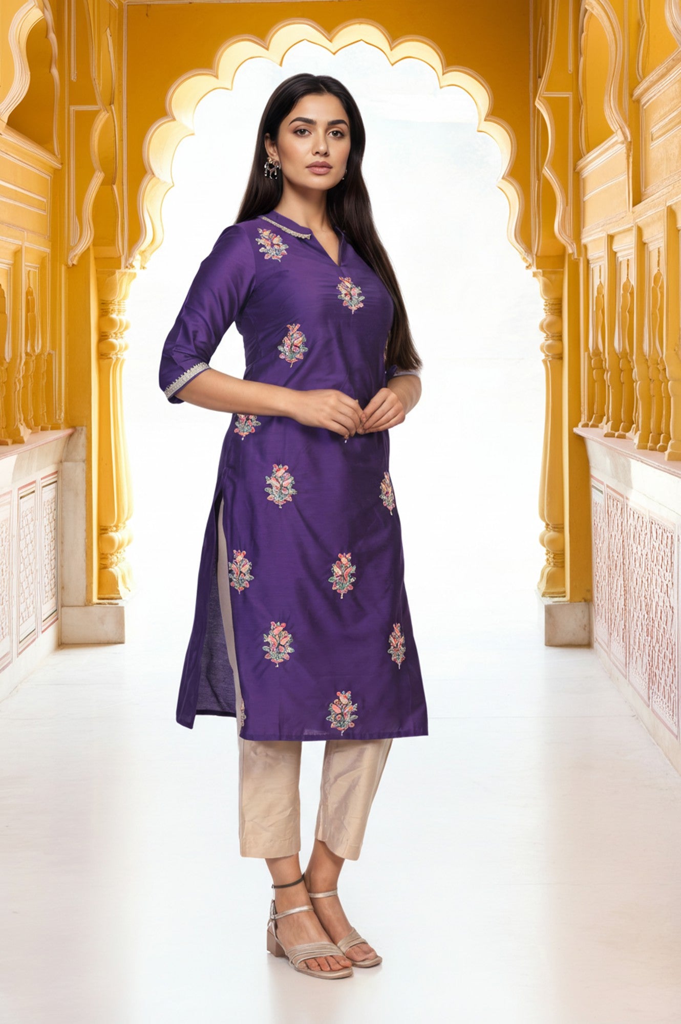 Purple Embroidered Floral Straight Rayon Kurta