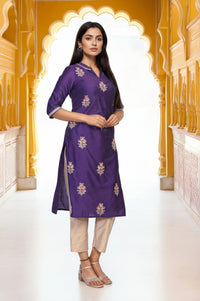 Purple Embroidered Floral Straight Rayon Kurta