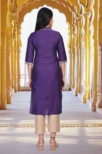 Purple Embroidered Floral Straight Rayon Kurta