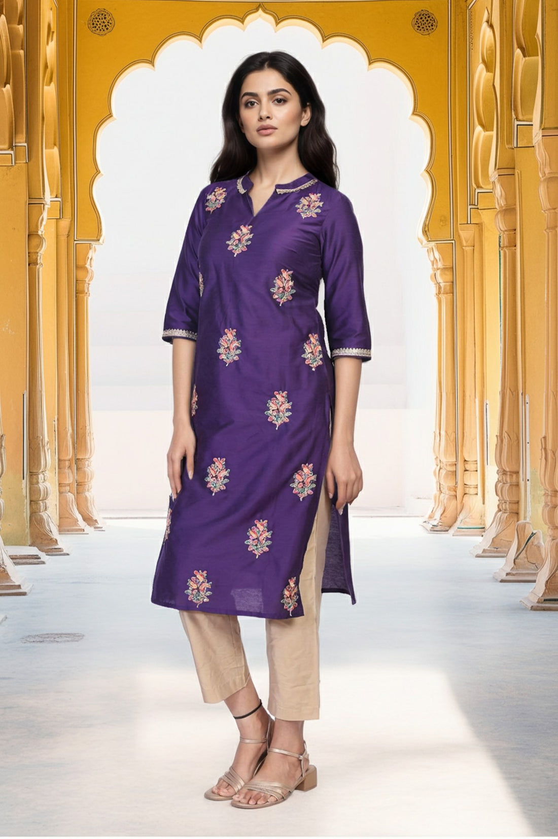 Purple Embroidered Floral Straight Rayon Kurta